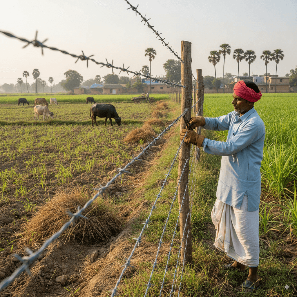Barbed wire fencing in a field